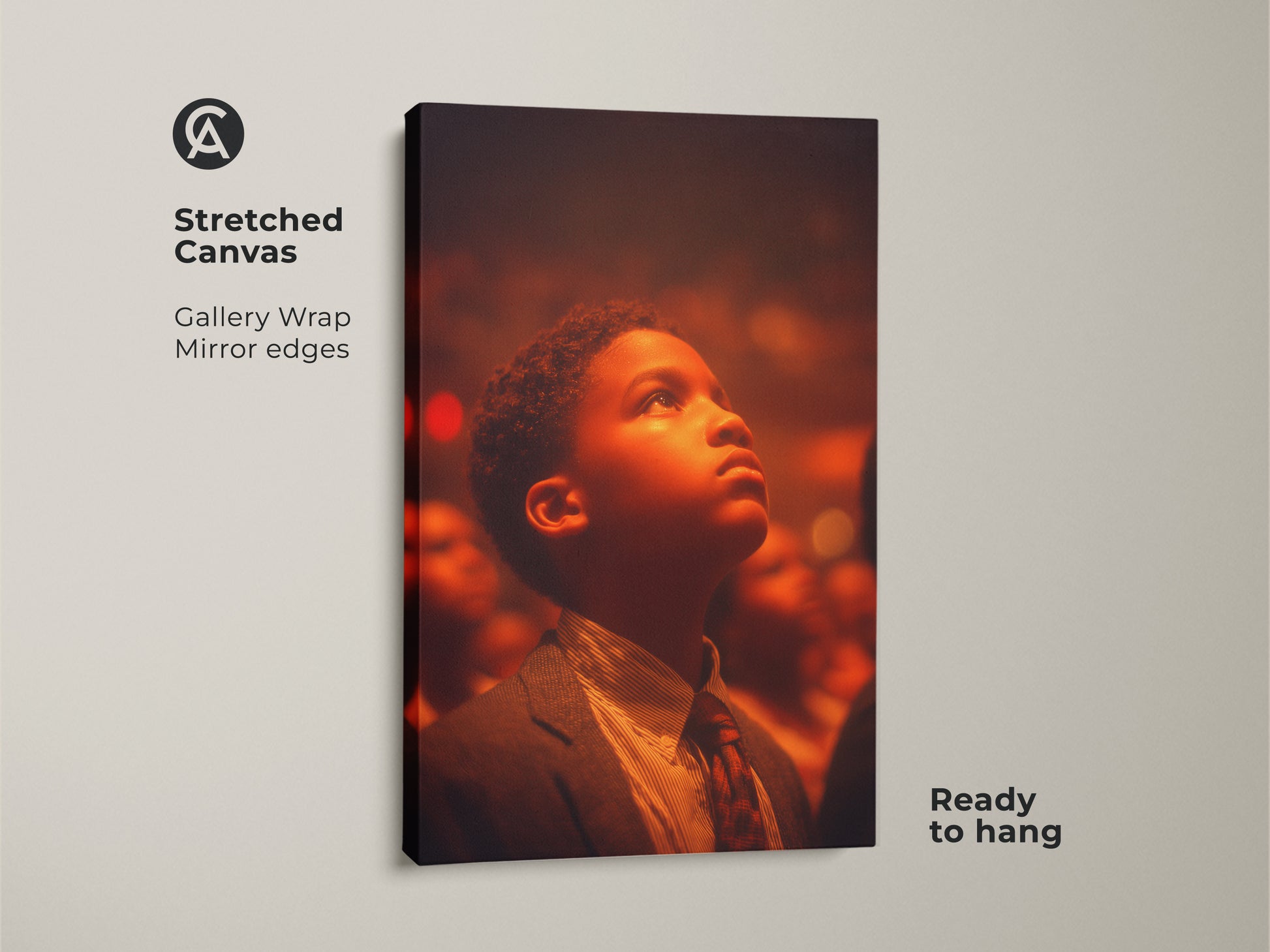 Stretched canvas artwork featuring a gallery wrap and mirrored edges. It captures a young boy gazing upward with hope. Ready to hang this artwork. The canvas adds texture and depth.
