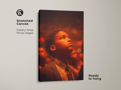 Stretched canvas artwork featuring a gallery wrap and mirrored edges. It captures a young boy gazing upward with hope. Ready to hang this artwork. The canvas adds texture and depth.