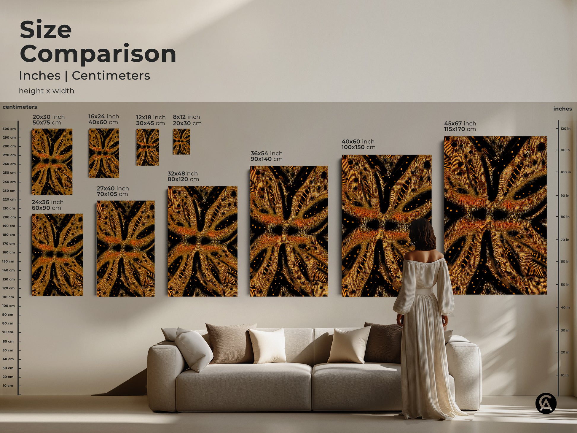 This size comparison displays goldenrod and black abstract art in inches and centimeters. It ranges in sizes to fit any space. It is a textured dotted abstract art. It's perfect for adding modern style to any space.