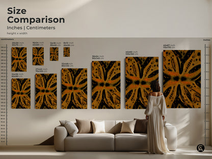 This size comparison displays goldenrod and black abstract art in inches and centimeters. It ranges in sizes to fit any space. It is a textured dotted abstract art. It's perfect for adding modern style to any space.