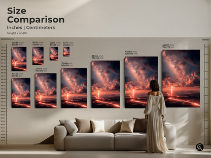 Size comparison of sunset artwork prints. Visualize how different sizes of canvas art and posters fit in a living room setting. From small to large find the ideal size to enhance your home decor. A great way to plan your art purchase.