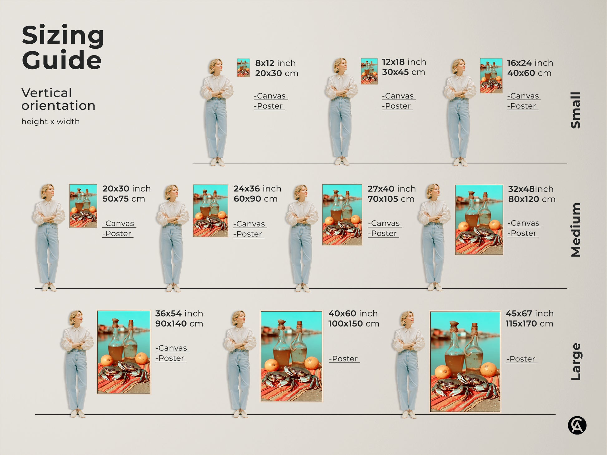 Vertical sizing guide shows crab lemon artwork in various sizes. Small medium and large canvas and poster prints available. Perfect for boho kitchen wall art or as a foodie gift. Orange red turquoise colors bring coastal charm. Find the perfect fit for your space.