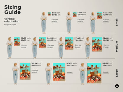 Vertical sizing guide shows crab lemon artwork in various sizes. Small medium and large canvas and poster prints available. Perfect for boho kitchen wall art or as a foodie gift. Orange red turquoise colors bring coastal charm. Find the perfect fit for your space.
