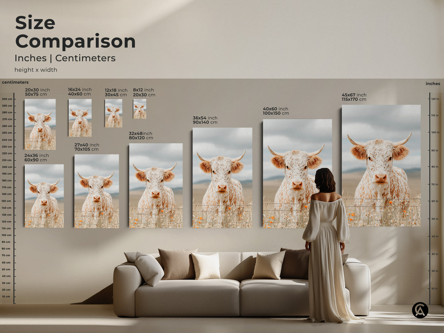 Size comparison of longhorn cow art prints in inches and centimeters. See how the art scales in different sizes above a couch. The artwork is available as canvas or poster. Find the perfect size for your space now.