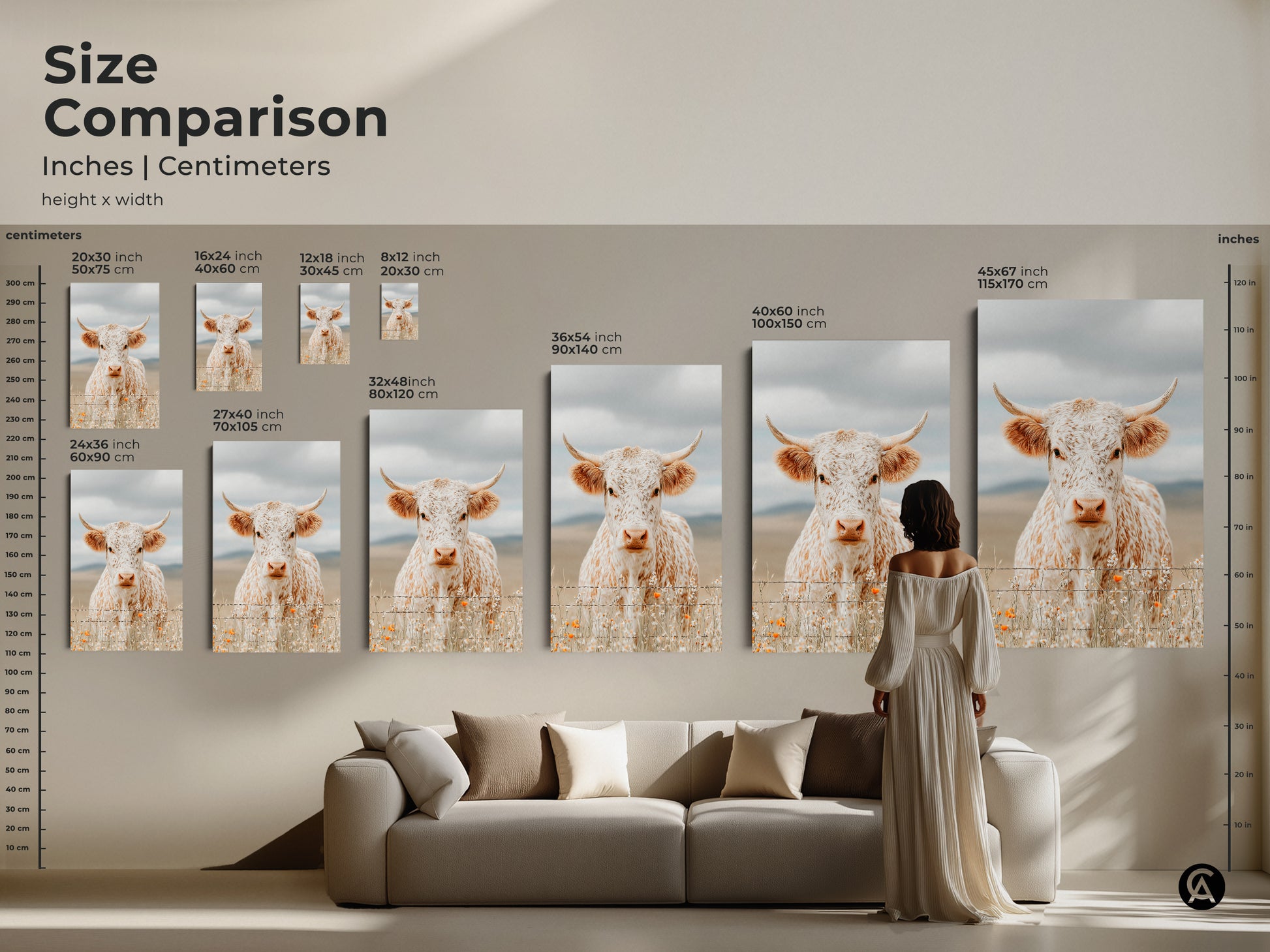 Size comparison of longhorn cow art prints in inches and centimeters. See how the art scales in different sizes above a couch. The artwork is available as canvas or poster. Find the perfect size for your space now.