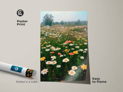 Poster print capturing a sunny daisy field. The wildflower meadow artwork is rolled in a tube. It's easy to frame and adds a peaceful vibe to any space. Bring the beauty of nature into your home with this floral print.