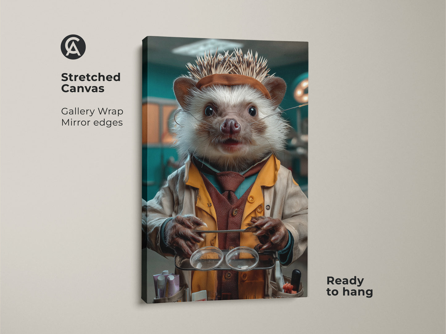 Stretched canvas gallery wrap featuring the Science Hedgehog Canvas Art. The animal doctor print would be perfect for an office. This tan & teal eclectic wall decor could be a gift for veterinarians. It is ready to hang. The animal art blends a playful surreal style with scientific themes.