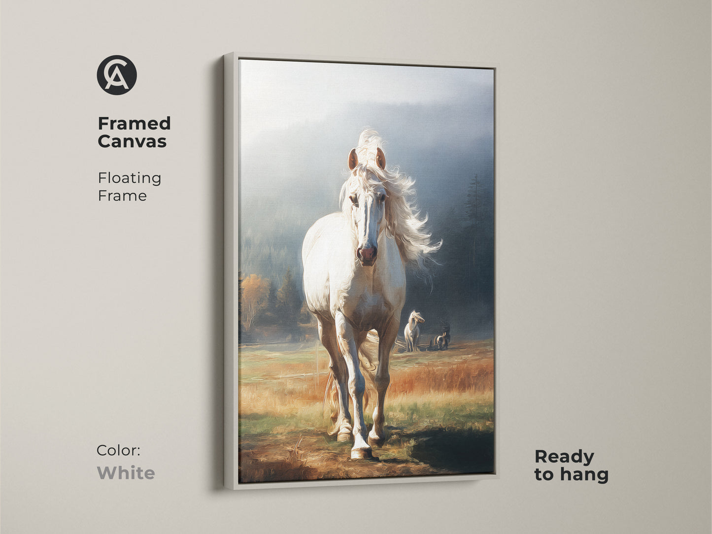 White framed canvas of a white horse. This floating frame artwork is ready to hang. The misty blue and golden yellow landscape creates a serene scene. Perfect for rustic farmhouse decor.