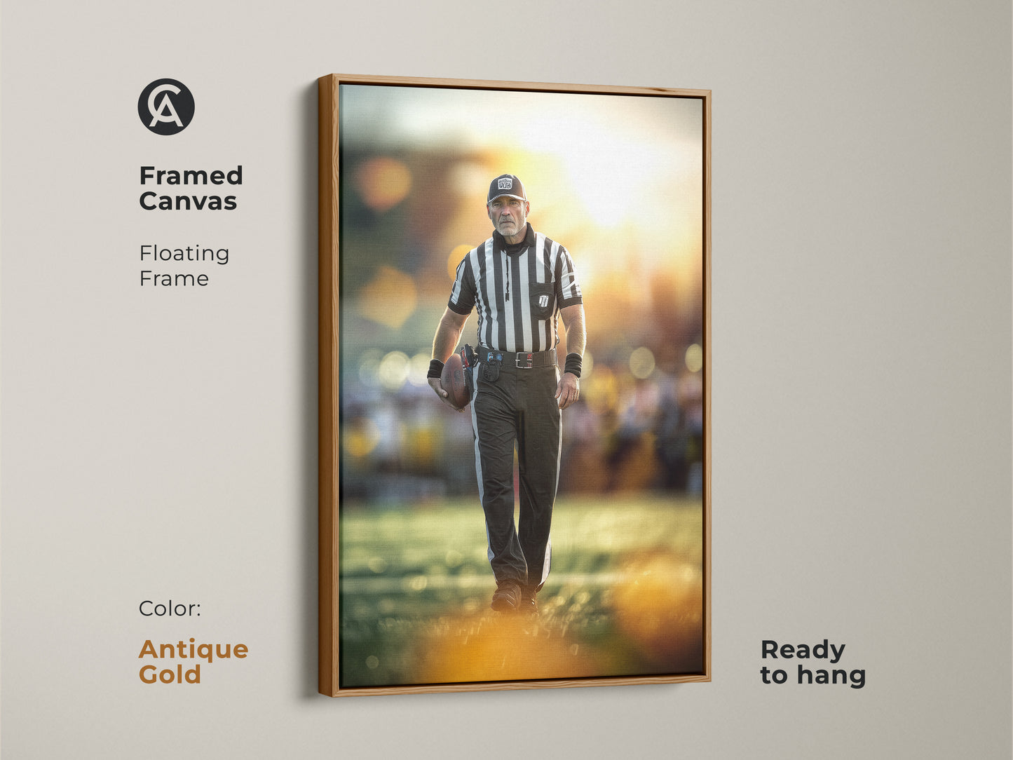 Framed canvas with football referee artwork. The floating frame is antique gold. Ready to hang this in your sports bar. A unique sports print and great sports action photography.