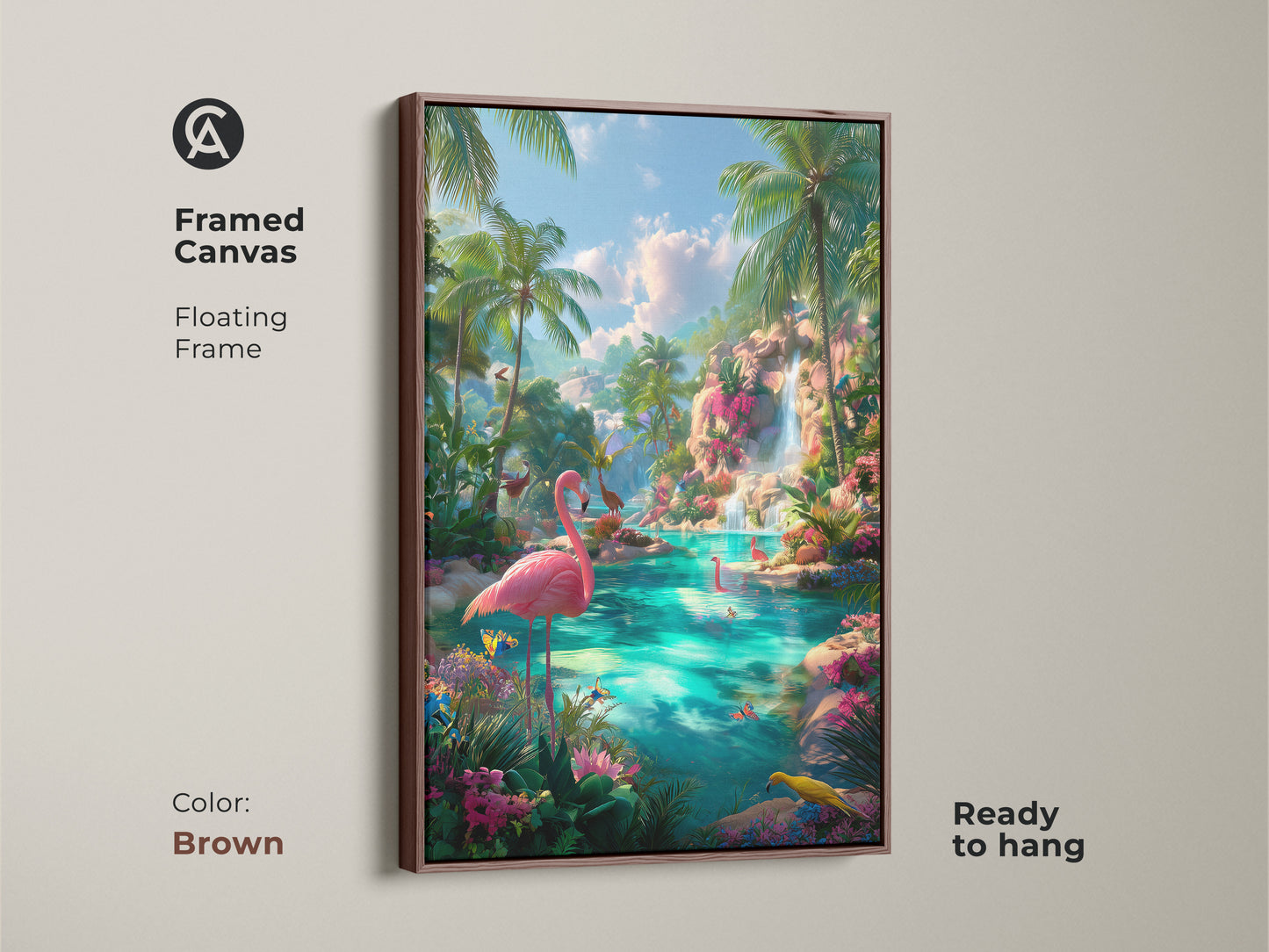 Brown framed canvas of a tropical lagoon. The floating frame adds depth. The canvas features pink flamingos in a vibrant blue lagoon. It is ready to hang. Palm trees and a waterfall create a relaxing tropical scene. The brown frame adds warmth to the artwork.