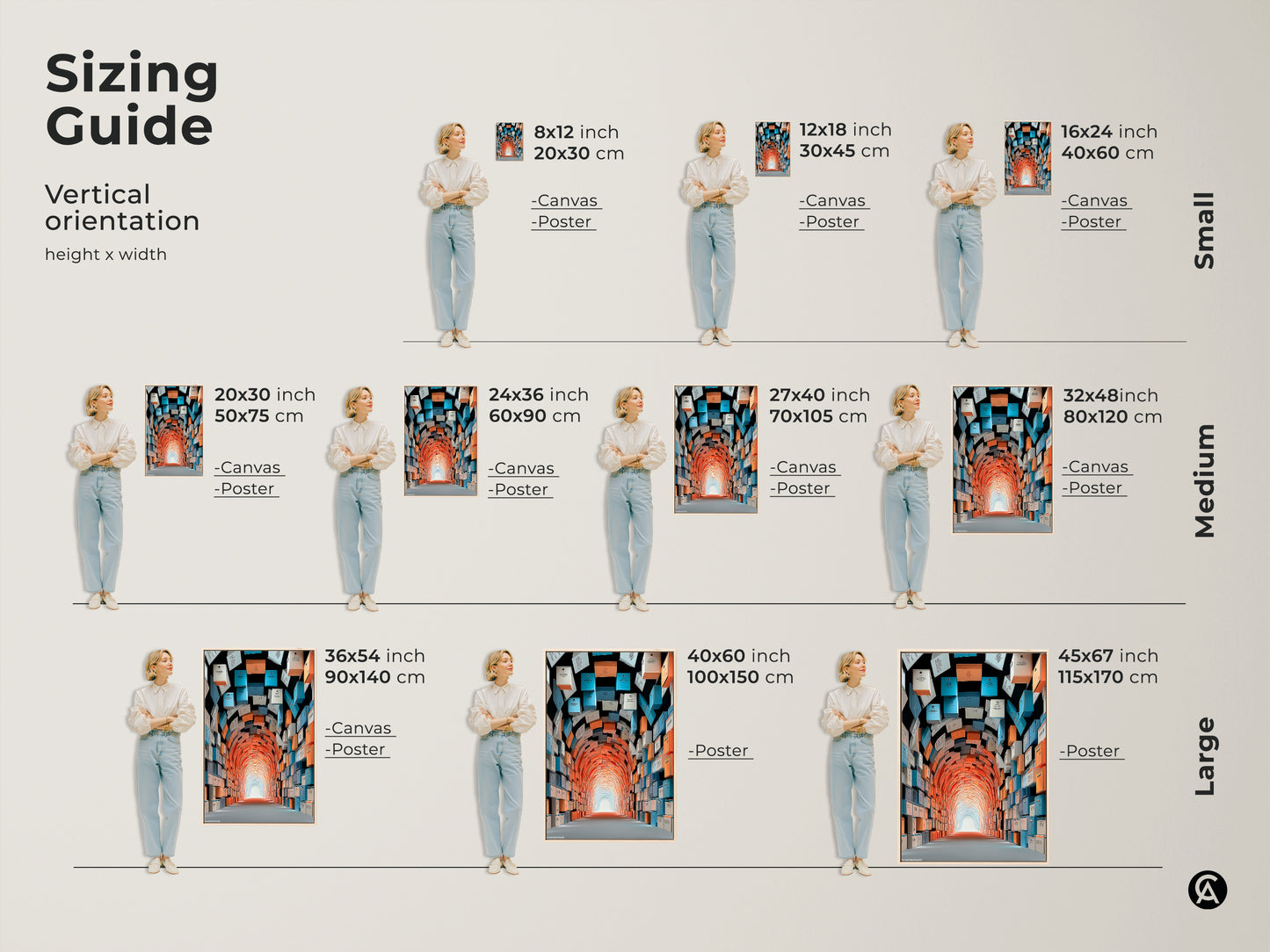 Sizing guide showcasing the vertical orientation of this abstract tunnel artwork print. Visualize canvas and poster sizes from small to large. This conceptual artwork fits different wall spaces. The sizes vary from 8x12 inches to 45x67 inches ensuring a perfect fit for any room.