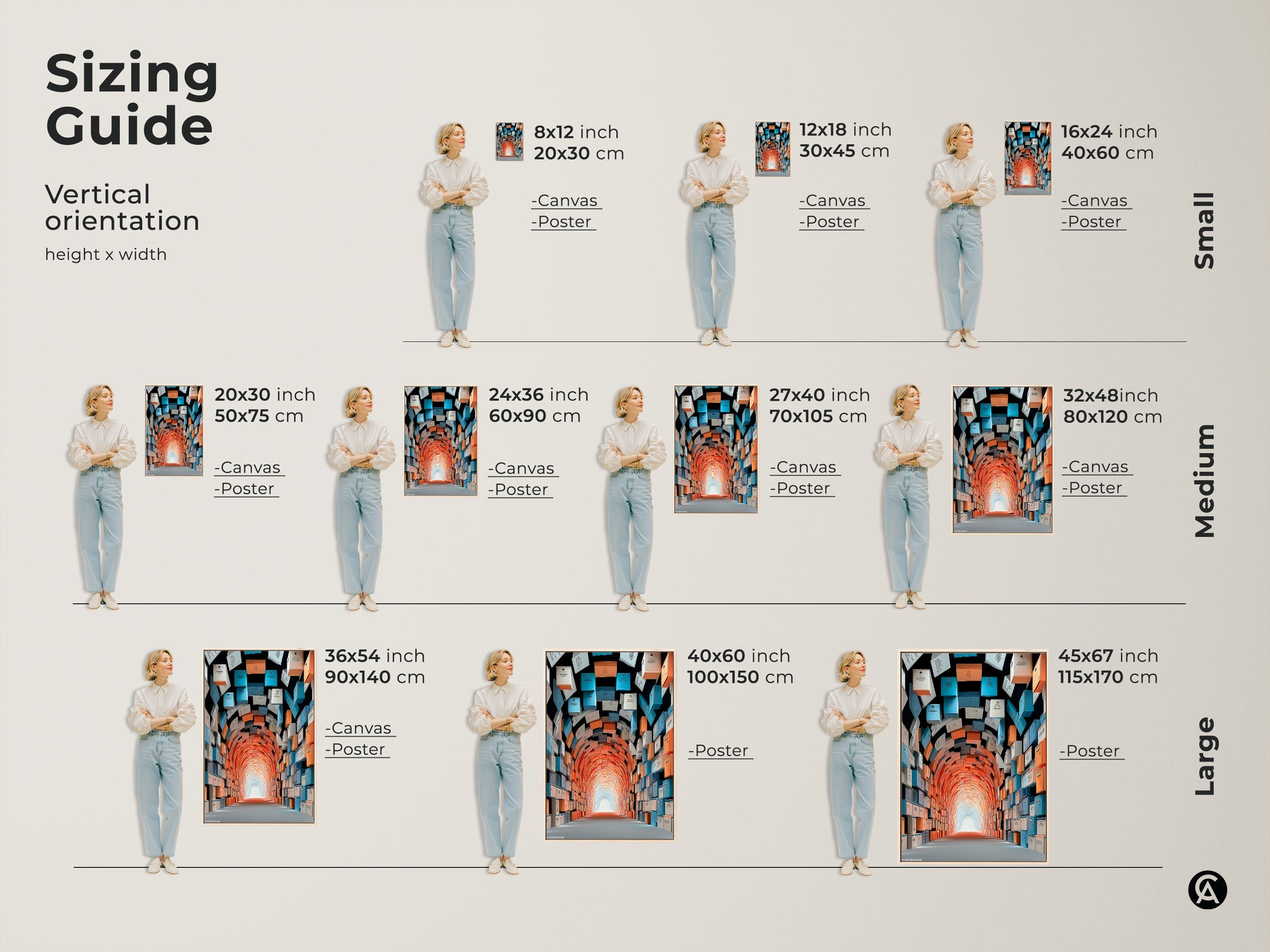 Sizing guide showcasing the vertical orientation of this abstract tunnel artwork print. Visualize canvas and poster sizes from small to large. This conceptual artwork fits different wall spaces. The sizes vary from 8x12 inches to 45x67 inches ensuring a perfect fit for any room.