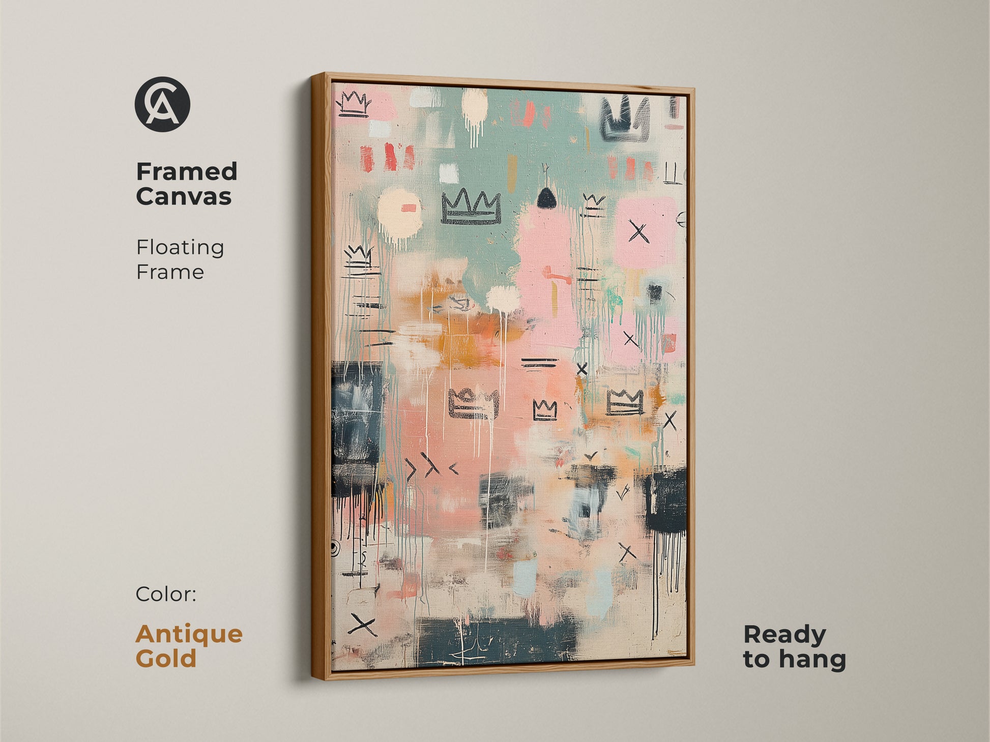 Framed canvas artwork with a floating antique gold frame. The abstract crown art is ready to hang. This piece brings a contemporary feel to your wall decor. Perfect for adding a touch of modern style.