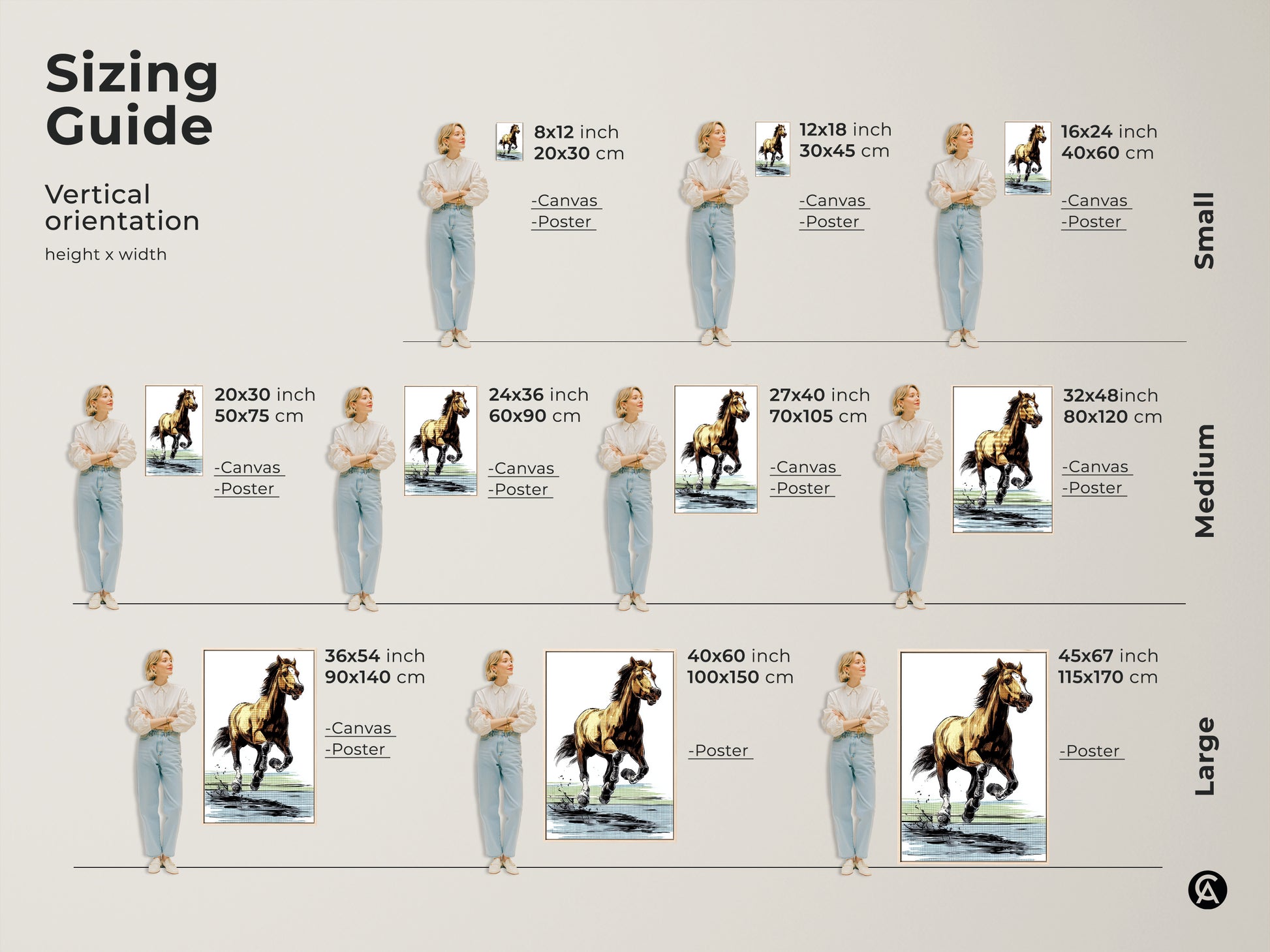 Sizing guide for vertical orientation of the graphic horse art print. Visualize canvas and poster options in various sizes. Ranging from small to large. Find the ideal equestrian canvas wall art to fit your bedroom office or ranch house decor. Transform your space.