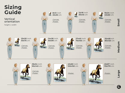 Sizing guide for vertical orientation of the graphic horse art print. Visualize canvas and poster options in various sizes. Ranging from small to large. Find the ideal equestrian canvas wall art to fit your bedroom office or ranch house decor. Transform your space.