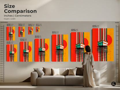 Size comparison featuring abstract seascape artwork. See the canvas print in various sizes above a couch. A woman views nautical wall art. Sizes range from small to large.