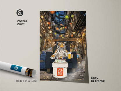 Poster print shows a tiger celebrating a birthday in an urban alley. This easy-to-frame print arrives rolled in a tube. It features comic-style artwork. A unique tiger print for animal lovers. It is perfect for eclectic home decor. The print showcases an orange and brown color palette.