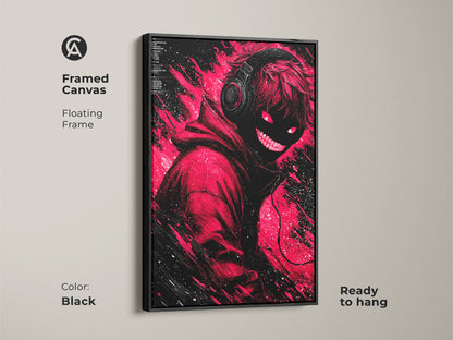 Framed canvas artwork in black featuring a modern illustration. The artwork has a figure with headphones and glowing red eyes. Ready to hang this floating frame adds art to your home wall decor collection.