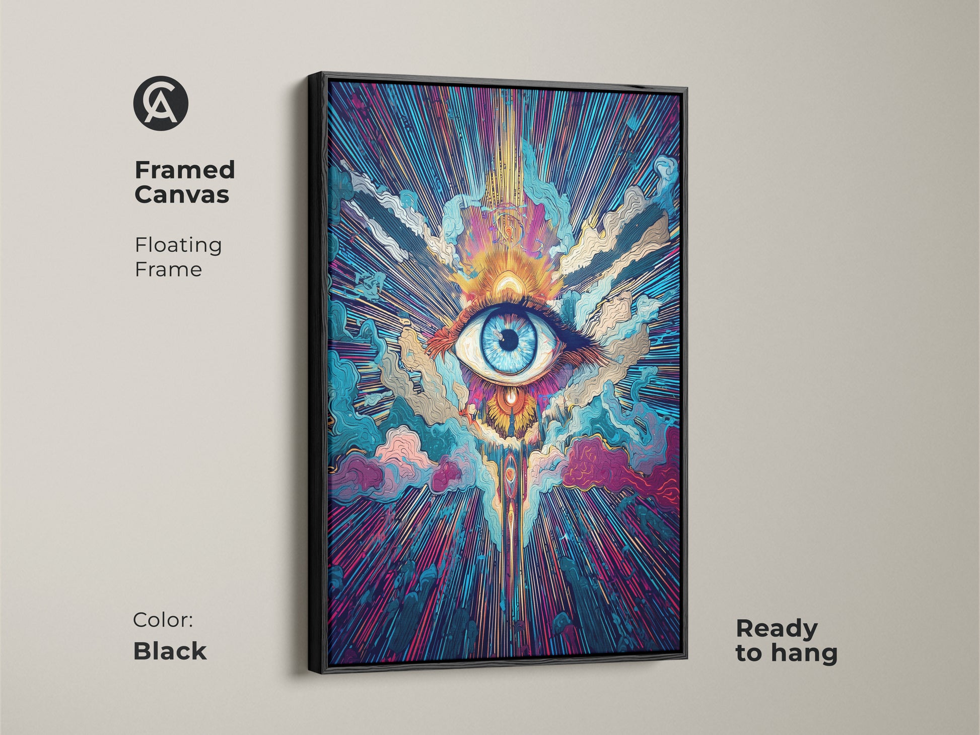 Framed canvas art in black is ready to hang. The psychedelic eye wall art features a floating frame. Spiritual sunburst canvas art brings cosmic abstract vision. Teal orange and blue artwork enhances meditation room decor.