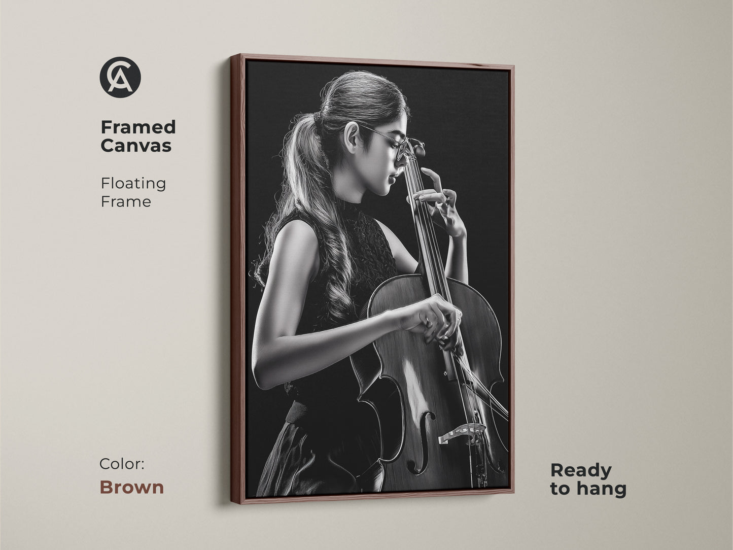 Framed canvas features a cellist in black and white. The artwork showcases a floating frame in brown. Ready to hang this contemporary piece adds warmth to any space. This musician wall art is ideal for classical music fans.