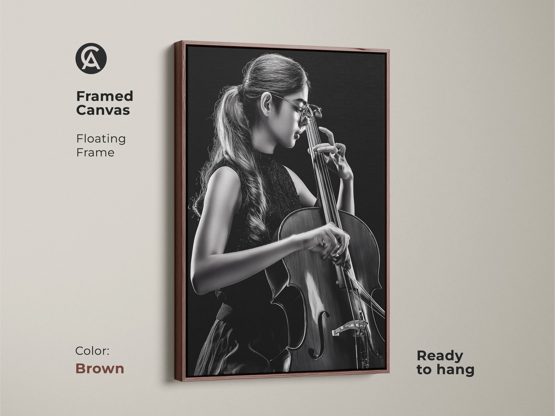 Framed canvas features a cellist in black and white. The artwork showcases a floating frame in brown. Ready to hang this contemporary piece adds warmth to any space. This musician wall art is ideal for classical music fans.