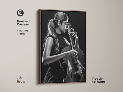 Framed canvas features a cellist in black and white. The artwork showcases a floating frame in brown. Ready to hang this contemporary piece adds warmth to any space. This musician wall art is ideal for classical music fans.