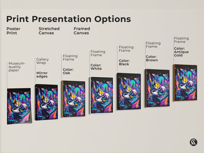 Explore print presentation options with this Tom and Jerry DJ art. Choose from poster prints to stretched canvas and framed canvas. Options include floating frames in various colors like black brown oak white and antique gold. Find the perfect style.
