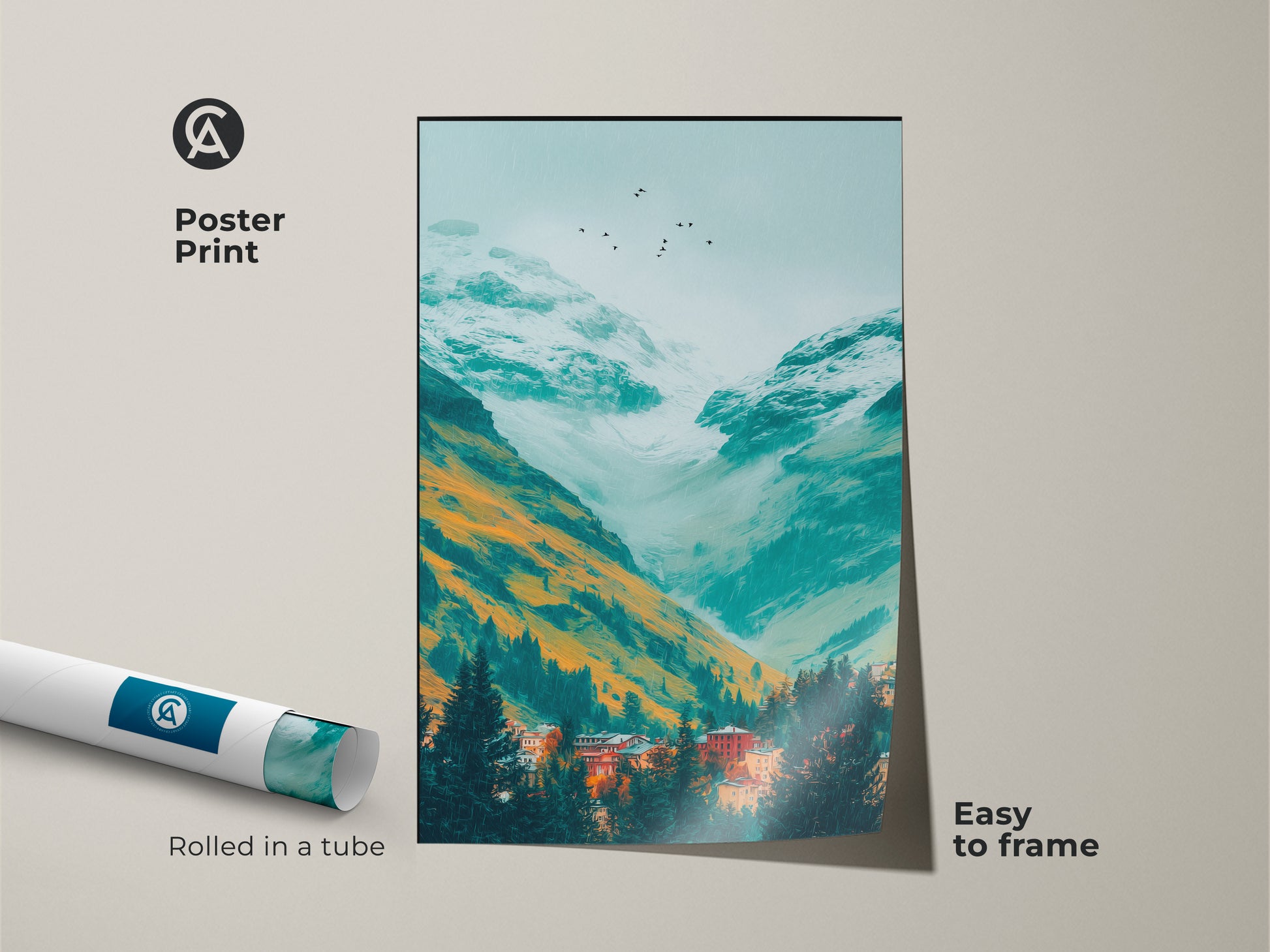 A poster print of a teal mountain valley scene. Orange and white mountains rise above a village in the evergreens. Birds fly above the misty peaks. The artwork is rolled in a tube and is easy to frame.