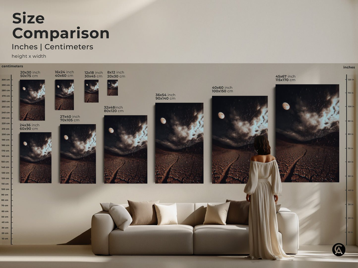 Size comparison chart showing inches and centimeters. This is dark theme room artwork. It's a dramatic desert scene canvas. Great natural texture wall art.