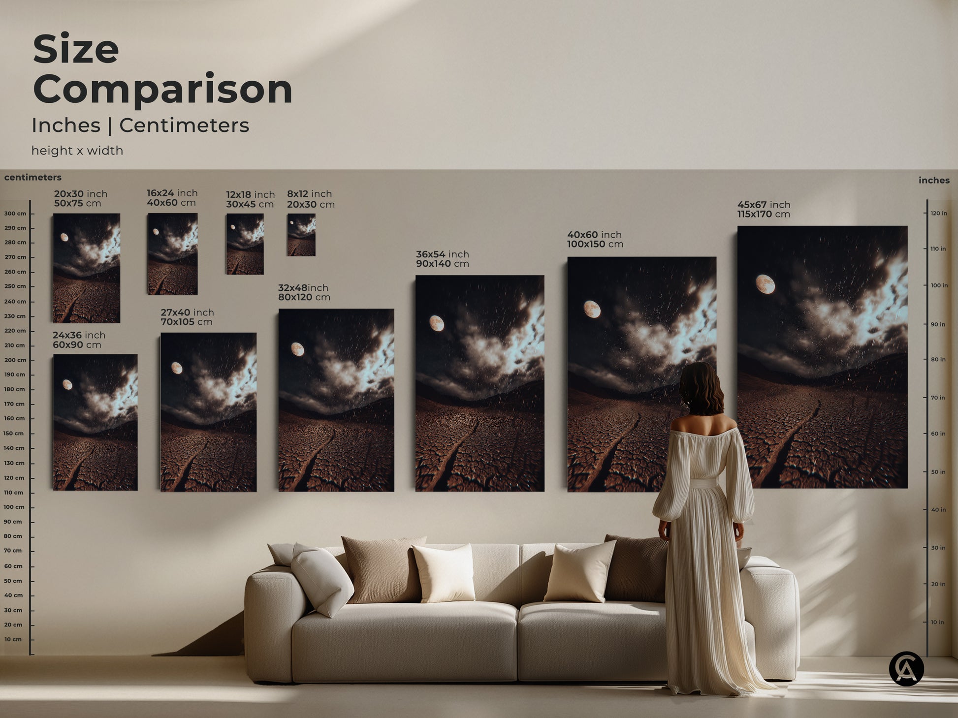 Size comparison chart showing inches and centimeters. This is dark theme room artwork. It's a dramatic desert scene canvas. Great natural texture wall art.