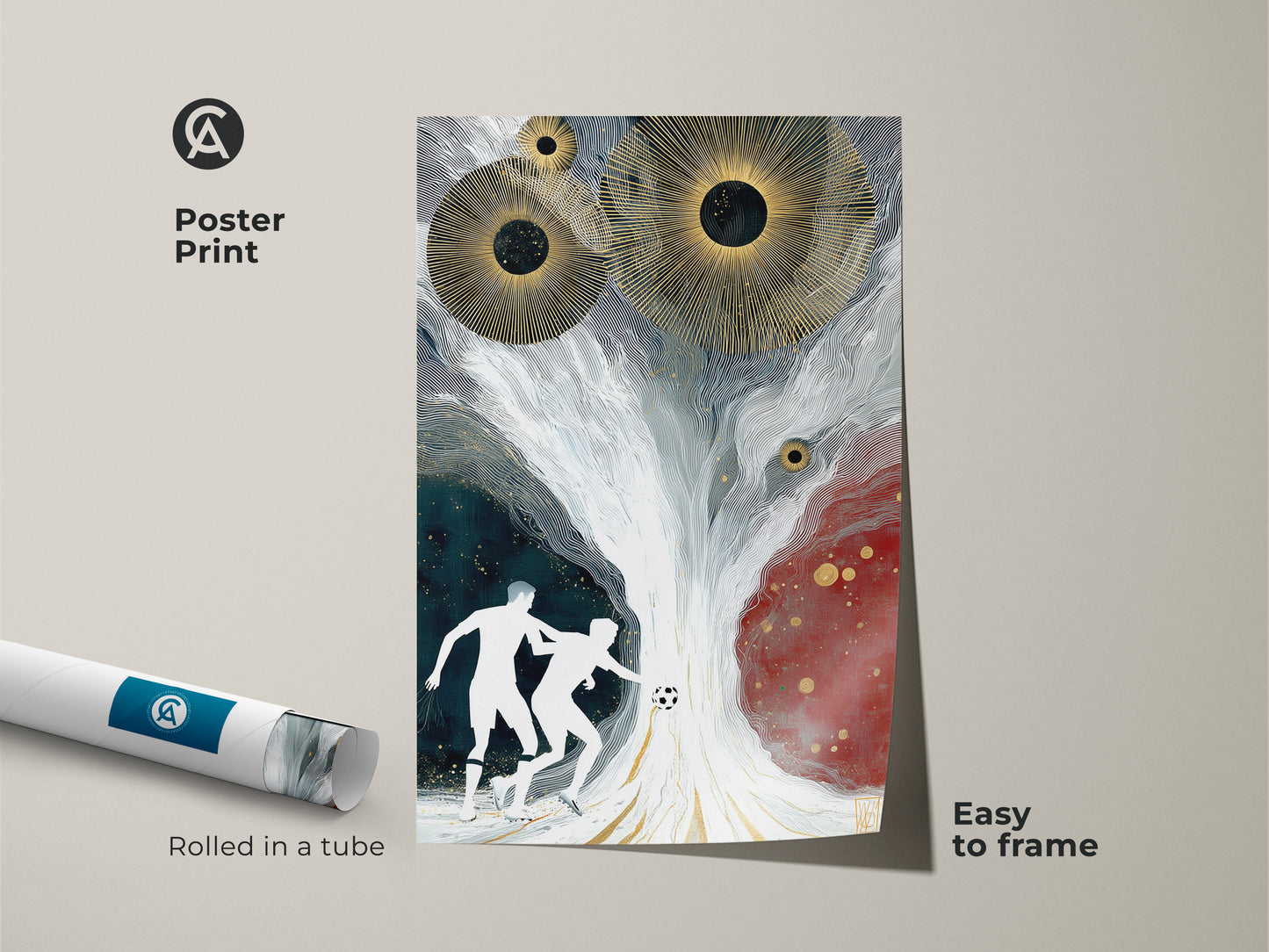 Modern abstract soccer art poster print that is easy to frame. Features a dynamic soccer scene and bold gold sunbursts. The rolled canvas print is ideal for a sports themed decor. An excellent gift for any athlete add an artistic touch to any space with this unique abstract artwork.