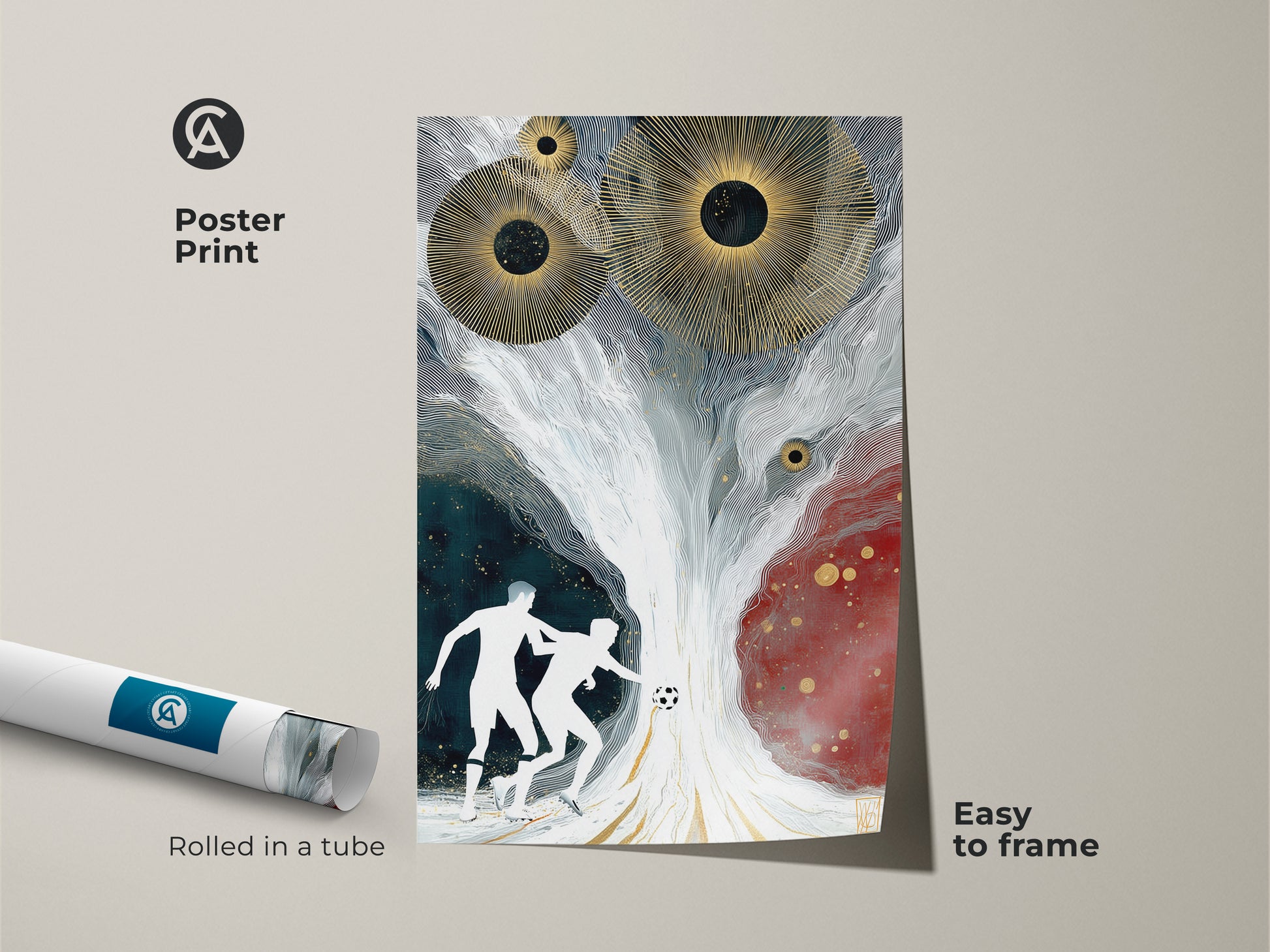 Modern abstract soccer art poster print that is easy to frame. Features a dynamic soccer scene and bold gold sunbursts. The rolled canvas print is ideal for a sports themed decor. An excellent gift for any athlete add an artistic touch to any space with this unique abstract artwork.