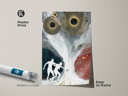 Modern abstract soccer art poster print that is easy to frame. Features a dynamic soccer scene and bold gold sunbursts. The rolled canvas print is ideal for a sports themed decor. An excellent gift for any athlete add an artistic touch to any space with this unique abstract artwork.