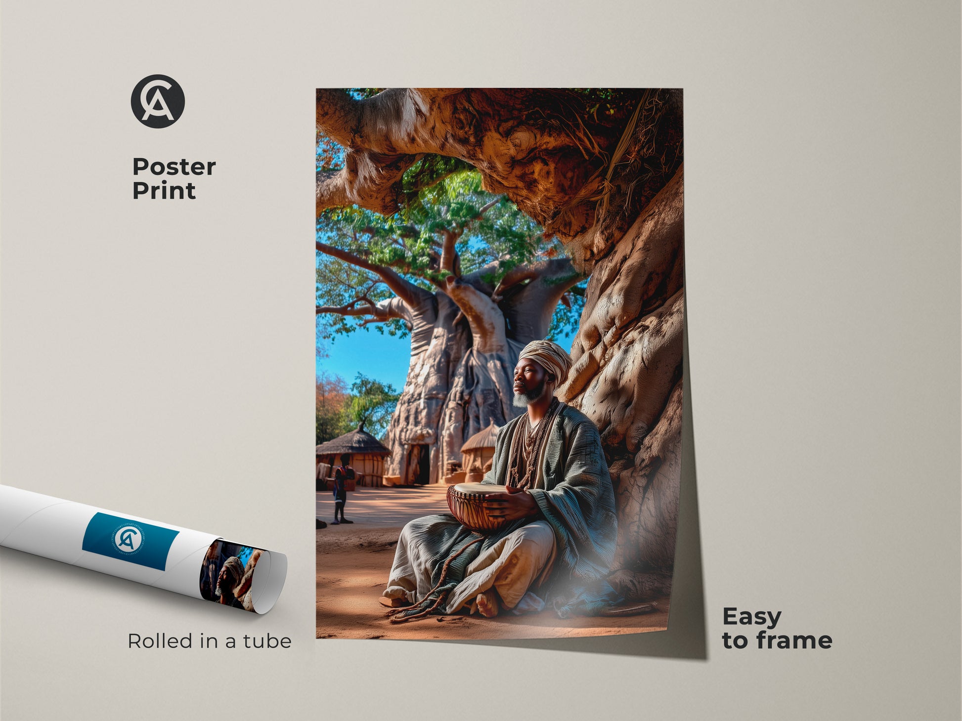 This poster print features a captivating African scene. An African man plays a drum beneath a Baobab tree. Rolled in a tube and easy to frame this museum-quality paper art is travel-inspired. The earth tones and realistic artwork suit eclectic decor.