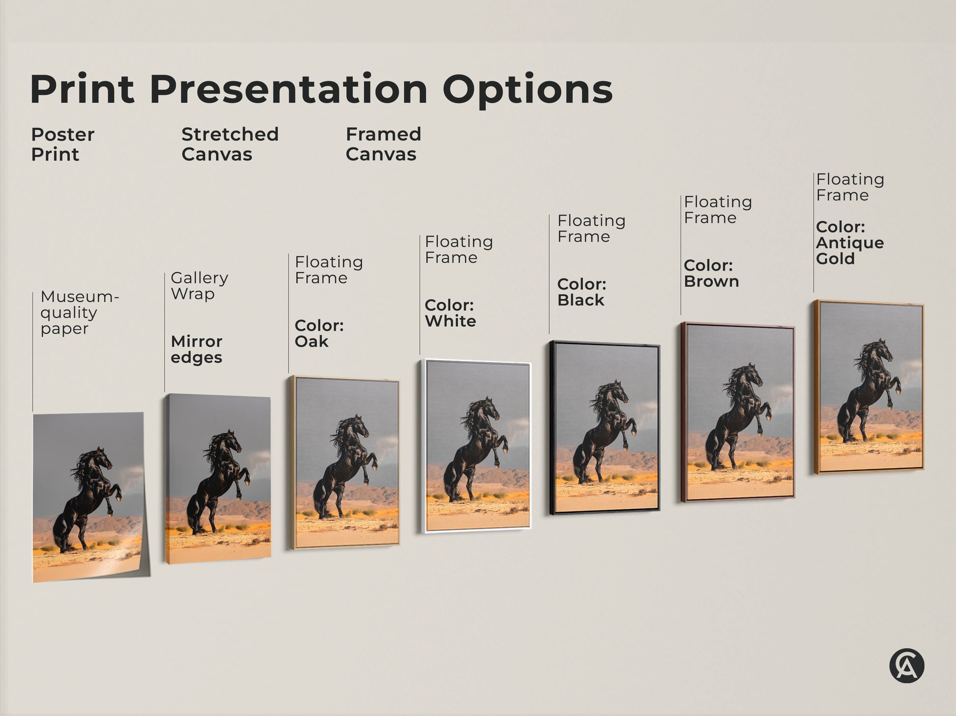 Explore print presentation options for black horse artwork. Choose from poster prints or stretched canvas. Framed canvas in oak white black brown or antique gold are also available. Modern equestrian art for home office or living room decor.