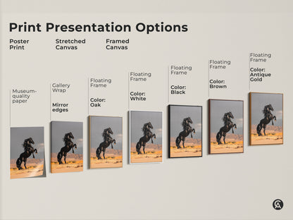 Explore print presentation options for black horse artwork. Choose from poster prints or stretched canvas. Framed canvas in oak white black brown or antique gold are also available. Modern equestrian art for home office or living room decor.