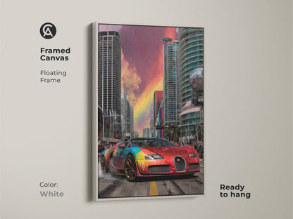 A framed canvas art displays a red sports car with rainbow graffiti. Floating frame showcases urban cityscape. This contemporary artwork is ready to hang with white frame. This modern car art adds color to any room. Great for garages or offices. Perfect gift for car enthusiasts. The abstract vehicle painting brings energy to any space. Display your love for cars with this art.