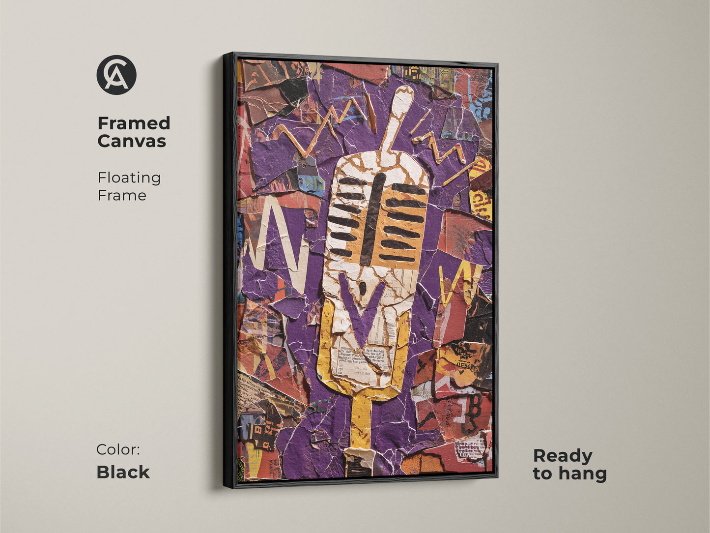 This framed canvas features a retro microphone in an abstract collage. The black floating frame enhances the purple and yellow artwork. It is ready to hang and adds vintage music flair. Perfect for office wall art or a unique musician birthday gift. A bold eclectic statement piece.