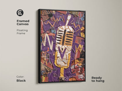 This framed canvas features a retro microphone in an abstract collage. The black floating frame enhances the purple and yellow artwork. It is ready to hang and adds vintage music flair. Perfect for office wall art or a unique musician birthday gift. A bold eclectic statement piece.