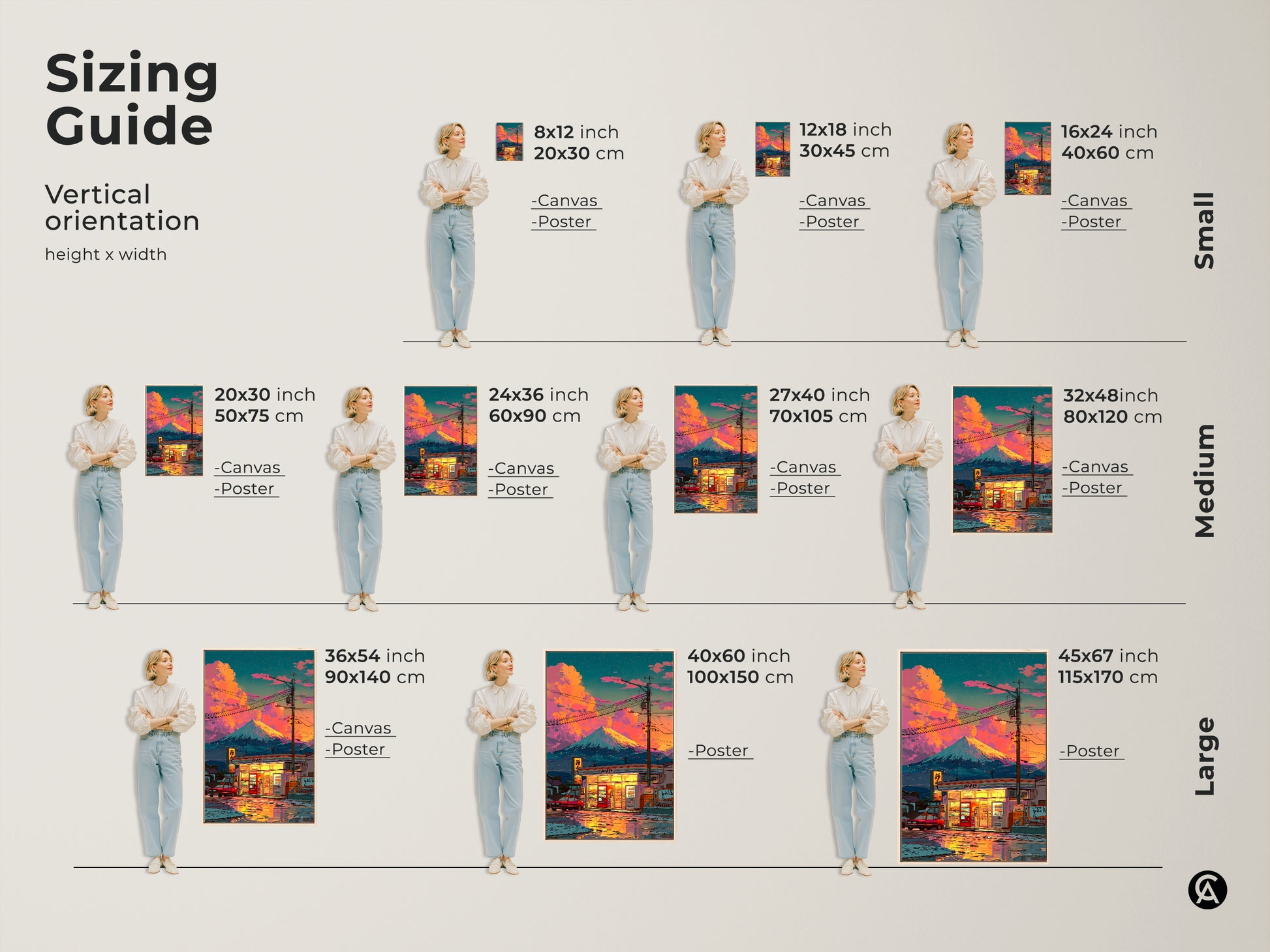 Sizing guide for Mount Fuji and convenience store artwork. Vertical orientation with various sizes. Available as canvas or poster prints. Find the perfect fit for your space. Transform your walls with Japanese-inspired artwork. Check the sizing guide to make the perfect choice.