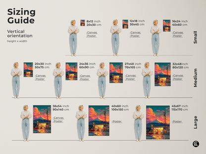 Sizing guide for Mount Fuji and convenience store artwork. Vertical orientation with various sizes. Available as canvas or poster prints. Find the perfect fit for your space. Transform your walls with Japanese-inspired artwork. Check the sizing guide to make the perfect choice.