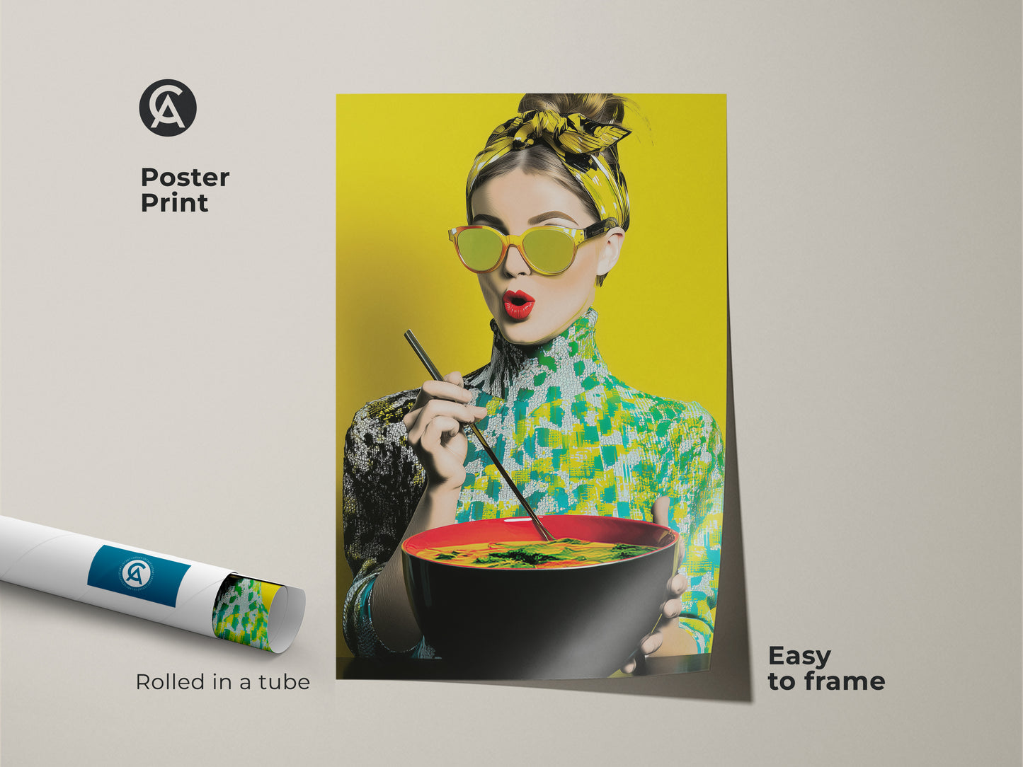 Pop art woman print rolled in a tube. This poster is easy to frame. The artwork features a woman with noodles and retro sunglasses. The yellow backdrop adds a vibrant touch. Perfect wall decor for foodie fashion lovers.