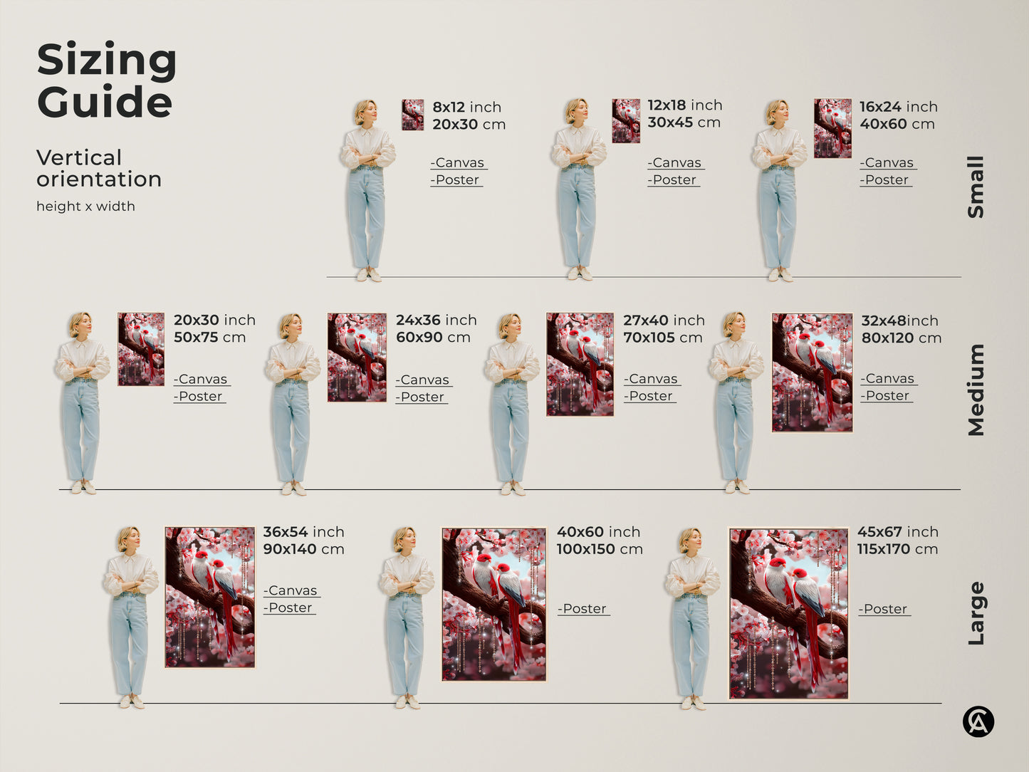Sizing guide for cherry blossom lovebird art prints. Vertical orientation canvases and posters available in small medium and large. Find the ideal fit for your space. Transform your decor with this romantic couple gift.