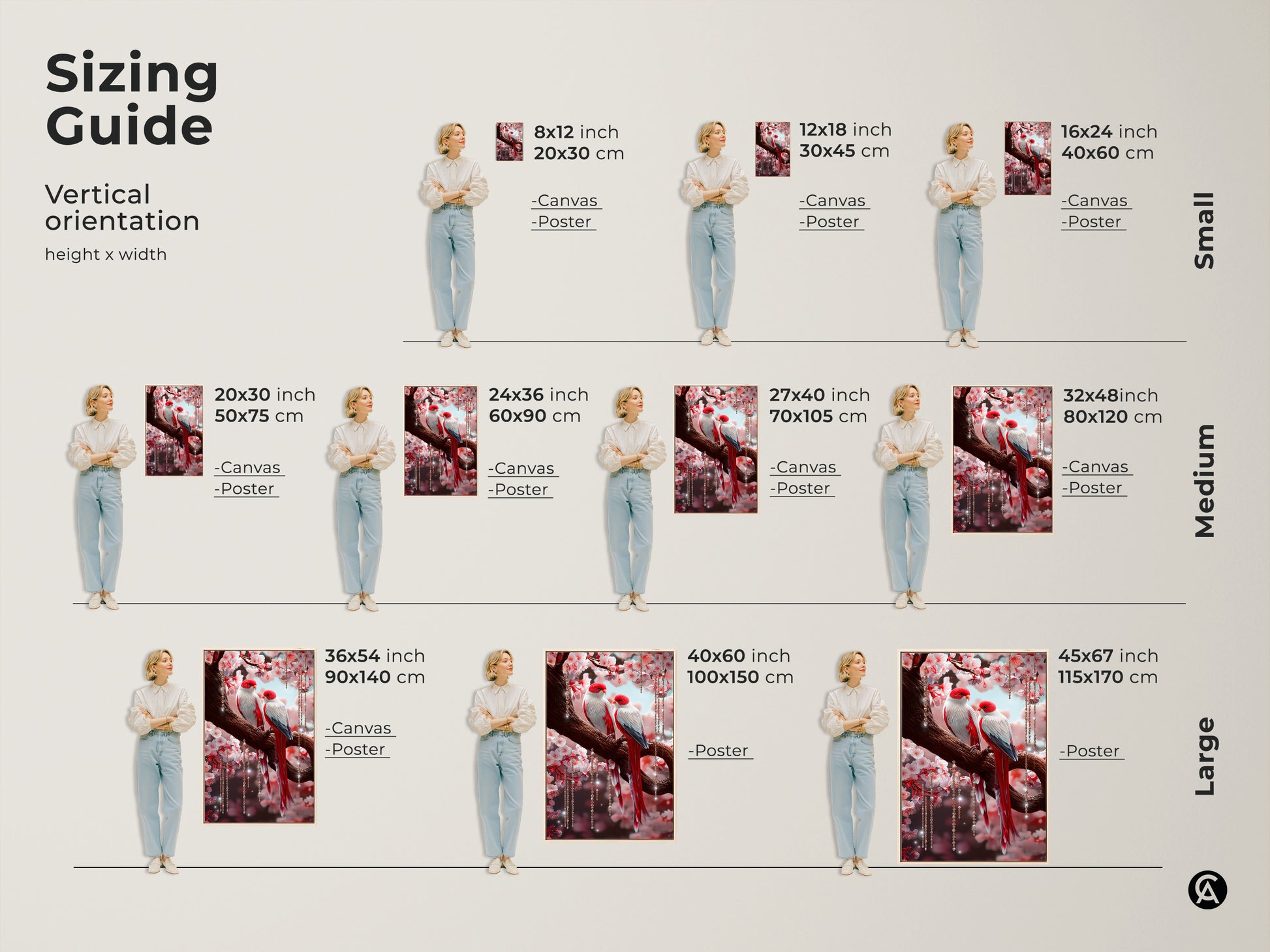 Sizing guide for cherry blossom lovebird art prints. Vertical orientation canvases and posters available in small medium and large. Find the ideal fit for your space. Transform your decor with this romantic couple gift.