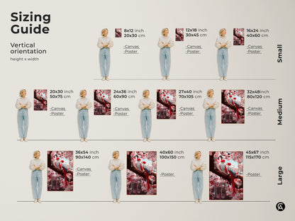 Sizing guide for cherry blossom lovebird art prints. Vertical orientation canvases and posters available in small medium and large. Find the ideal fit for your space. Transform your decor with this romantic couple gift.