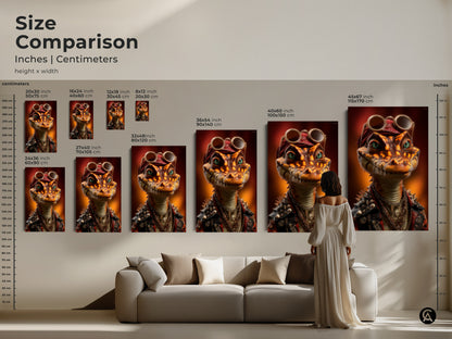 Size comparison showcasing various sizes of the steampunk alligator artwork. Visualize how this punk rock reptile canvas will look in your space. This cool animal artwork is perfect for adding character to your home. A unique reptile print to make a statement on your wall. Great for den entertainment art.