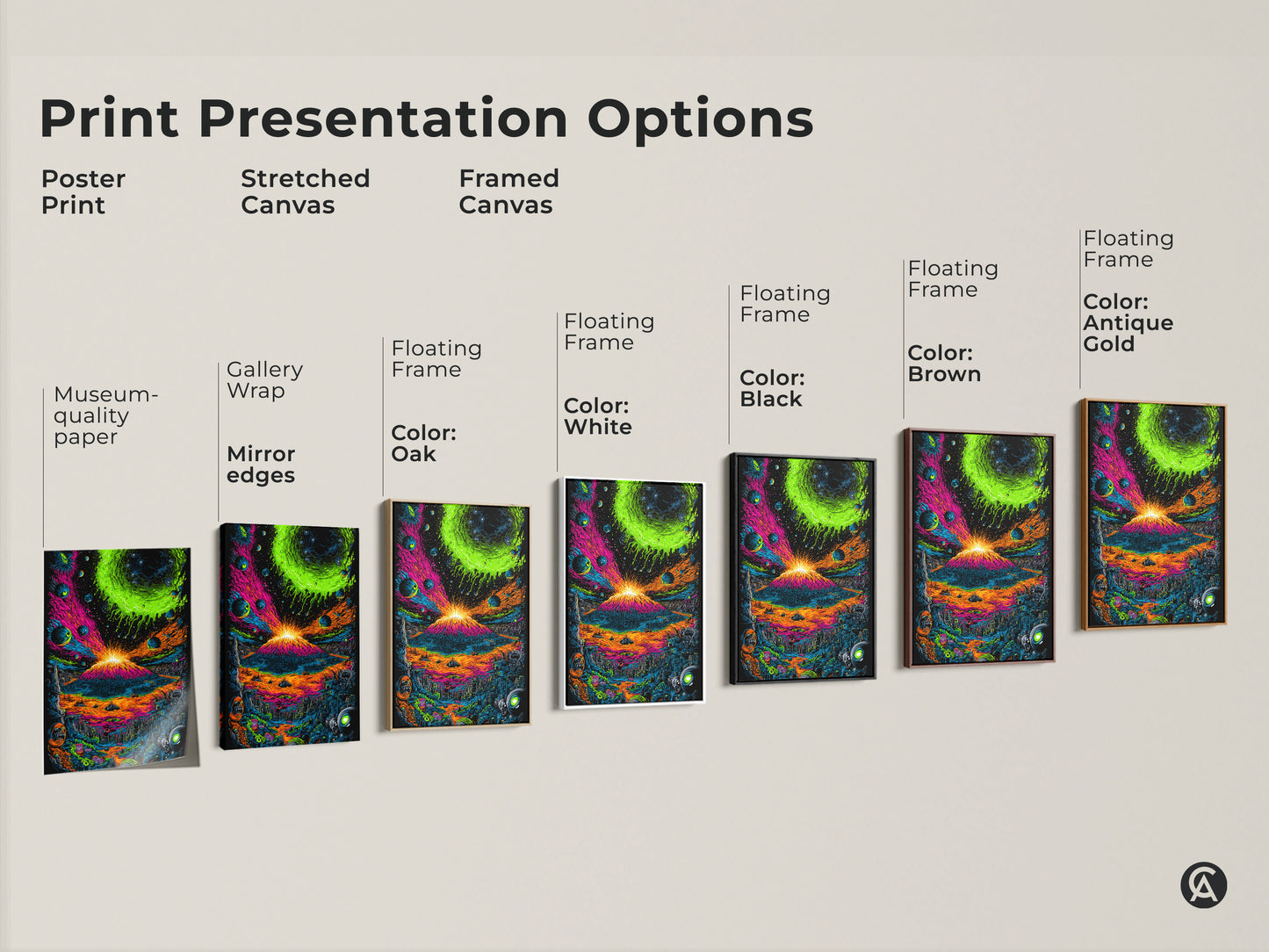 Explore print presentation options for the vibrant volcano artwork. Choose from poster prints stretched canvas and framed canvas. Customize your art with floating frames and museum-quality paper for a unique display.