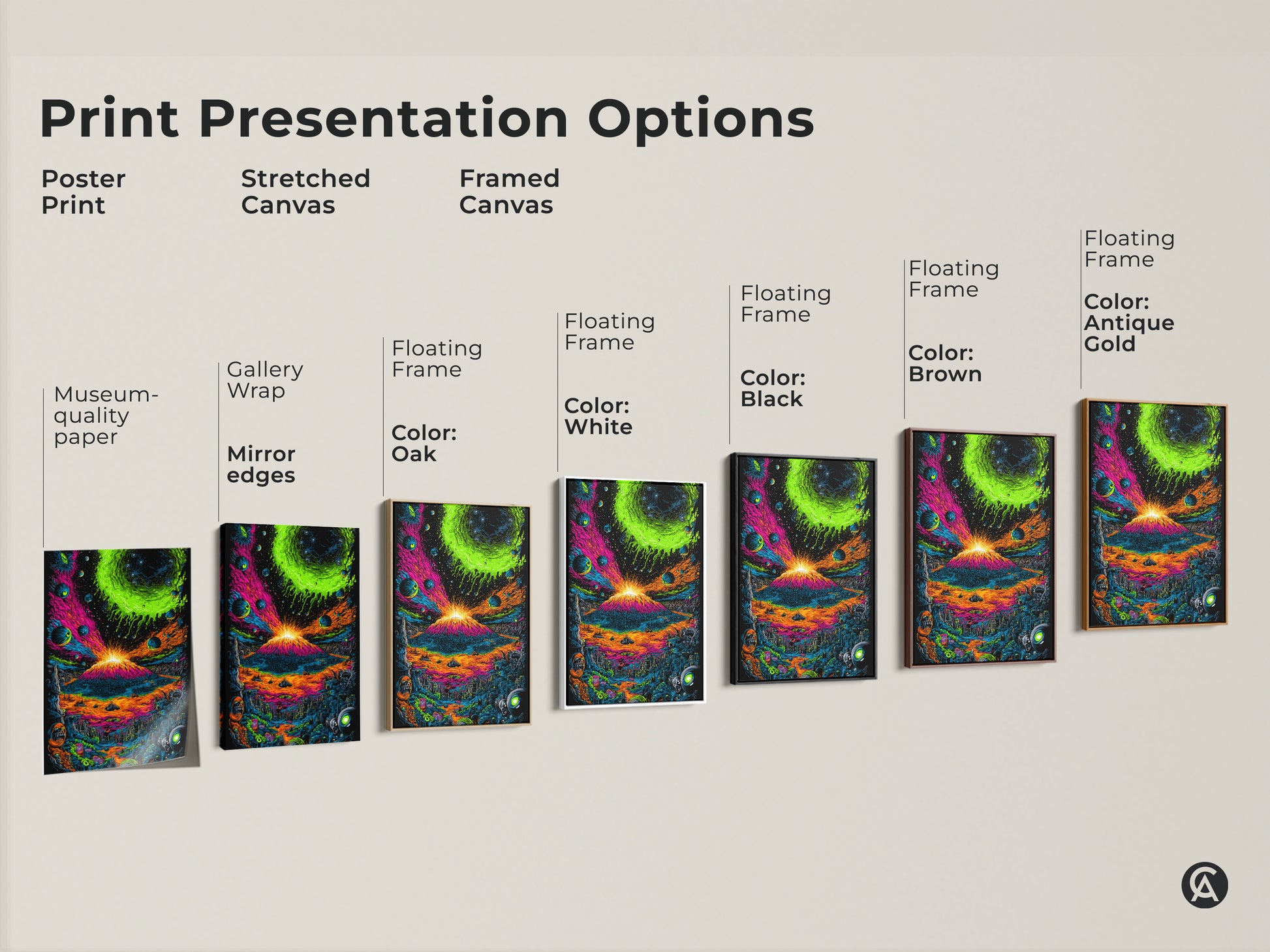 Explore print presentation options for the vibrant volcano artwork. Choose from poster prints stretched canvas and framed canvas. Customize your art with floating frames and museum-quality paper for a unique display.