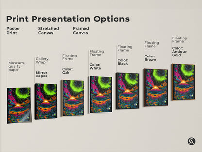 Explore print presentation options for the vibrant volcano artwork. Choose from poster prints stretched canvas and framed canvas. Customize your art with floating frames and museum-quality paper for a unique display.