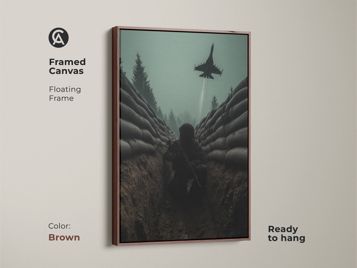 Framed canvas art featuring a soldier in a trench. A fighter jet flies above. This military themed artwork is great for a study. The floating frame comes in brown. It's a unique canvas art for military enthusiasts and veterans.